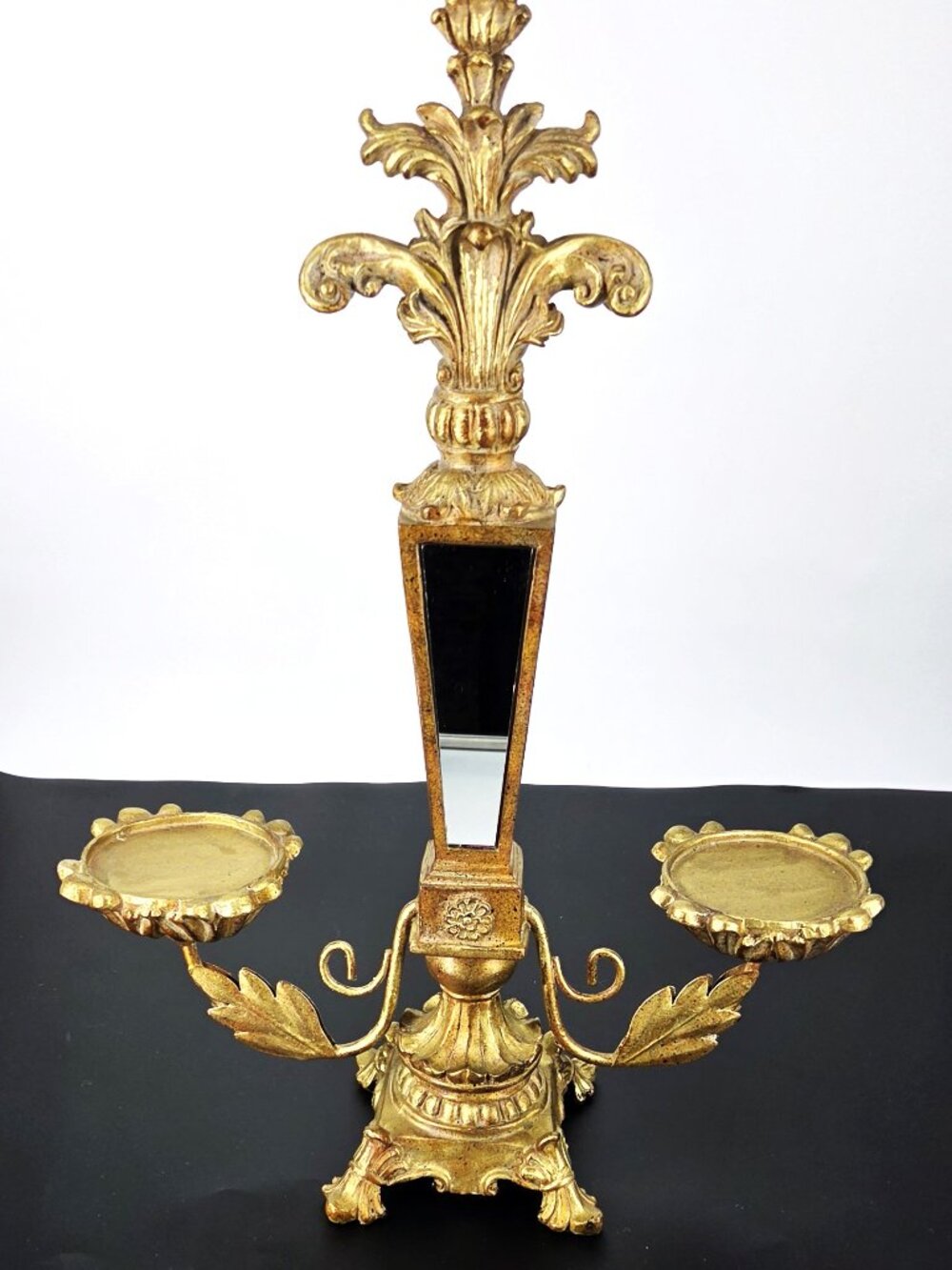 Hollywood Regency Ornate Gold Metal & Resin 4 Sided Mirrors 2 Pillar Candelabra